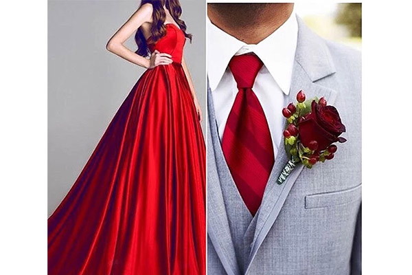 ست پیراهن عروس قرمز با کراوات داماد قرمز